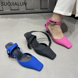 Sandals SUOJIALUN 2023 Spring Women Slingback Shoes Fashion Shallow Ankle Strap Ladies Elegant Snadal Thin High Heel Dress Pumps 230224