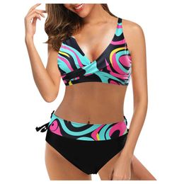 Damen Bademode Frauen Push Up Gepolsterter BH Bikini Set Vintage Badeanzug Zweiteiliger Retro Halter Rüschen Hohe Taille Print Badeanzug Strand