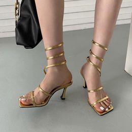 Sandals Women High Heels Fashion Gold Thin Low Heel Narrow Band Gladiator Rome Sexy Elegant Party Shoes Sandalias