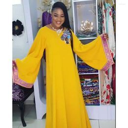 Ethnic Clothing African Elegant Yellow Long Dresses Women Batwing Sleeve O-neck Party Gowns For Ladies Appliques Traditional Dashiki Boubou