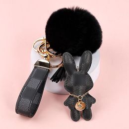 Bunny Design Key Chains Ring Pompom Ball Rabbit Bag Pendant Charm Keyring Buckle Gift Jewellery Accessories PU Leather Brown Flower Animal Lanyard Car Keychain 739