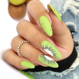 False Nails 24pcs Kiwi Fruit Green Frosted Fake Pastoral Nail Art Pieces Ins Matte Press On Full Cover Almond Fashion