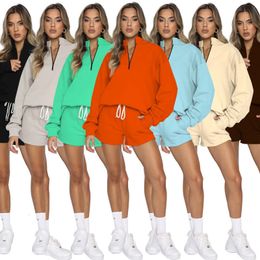 Women's Two Piece Pants 2023 Spring and Summer Sets Solid Colour Stand-up Collar Zipper Pullover Long-sleeved Hoodie Fashion Shorts Suit 230224