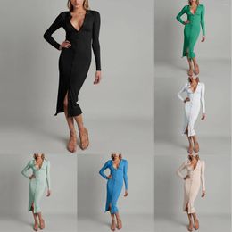 Casual Dresses Women Long Sleeve Button Closure Dress Rib Pack Hip Solid Colour Dressy Women's Sundresses Midi Slip For