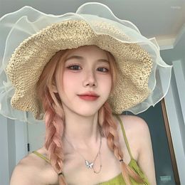 Wide Brim Hats 2023 Japanese Ins Women's Summer Bucket Fashion Lace Straw Panamas UV Protection Sun Visor Seaside Beach Caps