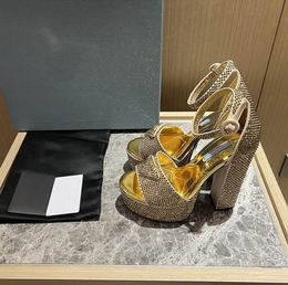 Latest women's sandals with thick heel, round toe, ankle, fine strap, buckle, diamond, formal dress, casual banquet, fashionable and sexy size 35-41 box