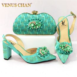 Dress Shoes Latest Summer Coming Green Color High Heels And Bag To Matching Decorate With Rhinestone Slipper For Royal Wedding