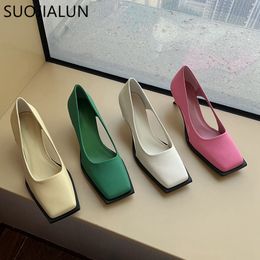 Dress Shoes SUOJIALUN 2022 Spring Women Pumps Thin Med Heel Shallow Slip On Ladies Elegant Square Toe Office Lady 230224