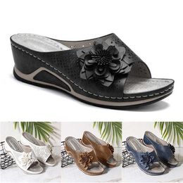 Sandals Shoes For Women 2021 Pu Leather Soft Footbed Orthopedic Archsupport Sandals For Women Hollow Wedge Flower Shoes Summer Supply Z0224