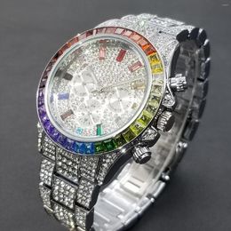 Wristwatches Colorful Full Moissanite Diamond Men's Watches Luxury Iced Out Calendar Quartz Wristwatch Hip Hop Luminous Waterproof Clock