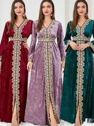 Plus Size Dresses Winter Velvet Muslim Dress Women Abaya Embroidery Morocco Party Thicken Split Abayas Kaftan Islam Turkey Arabic Long Robe