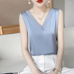 Women's Tanks Summer Silk Camisole Women's V-Neck Mesh Gauze Foreign Style Bottoming Loose All-Match Outer Wear Tops