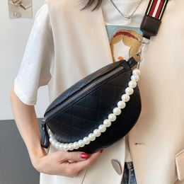 Evening Bags 2023 Women Waist Pack Pearl Chain Fashion Crossbody Chest Bum Bag Travel Pu Leather Wide Shoulder Belt Sport Purse