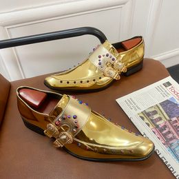 Dress Shoes Gold Double Buckle Wedding Men Loafers Rivet Breathable Fashion Handmade Mens Business Size 3546 230224