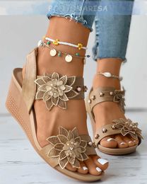 Sandals Wedges Gladiator Floral Sandals For Women Heeled Embroidery Vintage Casual Beach Shoes Summer Comfy Open Toe Rome Style Size 42 Z0224