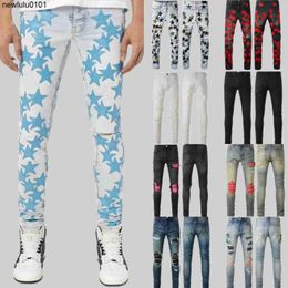 Mens designer jeans Slim patchwork paige jeans Denim stars pattern amirs pants Letters Torn Tattered Knee Ripped for Man Skinny Straight