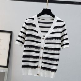 Women's Knits Small Fragrance Short Sleeve Knit Sweater Women Summer Fashion Strip Cardigan Top V-neck Casual Thin Knitwear