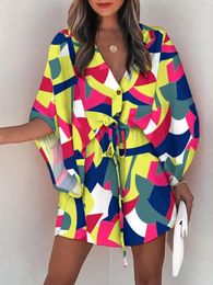 Summer Beach Cover Dresses Casual Swimwear Drawstring Tie-Up Loose Dress Fashion Print Batwing Sleeve Beach Swim Cover Up Sexy Button V Neck Women
