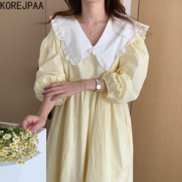 Casual Dresses Korejpaa Women Dress Autumn Korean Sweet Temperament Ladies Hit Colour Doll Collar Loose Puff Sleeves Large Swing Vestidos 230224