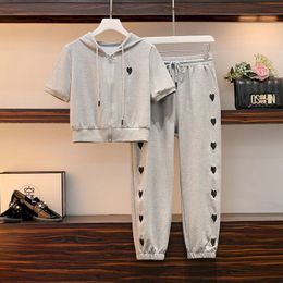 Womens Two Piece Pants T Shirts Sets Fashion Short Hooded Sports Casual Suits Summer Trend Slim Sleeve Tops Sweatpants Set 230224
