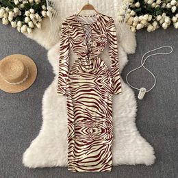 Casual Dresses Fashion Leopard Printed Women Long Dress Lace-Up Skinny Party Gowns 2023 Spring Summer Sleeved Female