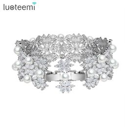 Link Chain LUOTEEMI Multiple Imitation Pearls Bead Wide Luxury Bracelets for Women Flower Cubic Zircon Bnagles for Wedding Bridal Girl Gift G230222