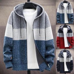 Men's Sweaters Cardigan Sweater Men Jacket Drawstring Knitted Colour Block Hooded