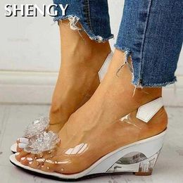 Sandals SHENGY Women Sandals Summer Studded Flower Design Transparent Wedge Women Shoes Casual Fashion Slip On Open Toe Ladies Sandals Z0224