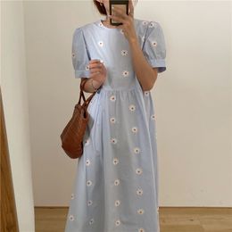 Casual Dresses Alien Kitty Vinatge Floral Embroidery Elegant Women Dress Summer Korean Style Puff Sleeve Party Long Vestidos 230224