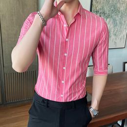 Men's Casual Shirts 2023 Summer Korea Style Handsome Fashion Mens Button Down Slim Fit Half Sleeve Striped 4XL 5XL