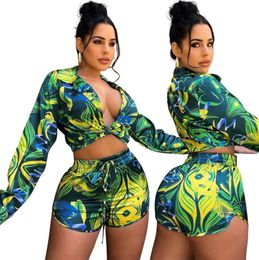 Summer Women's Tracksuits EuropeAn-American multi-color printed long-sleeved shirt shorts suit