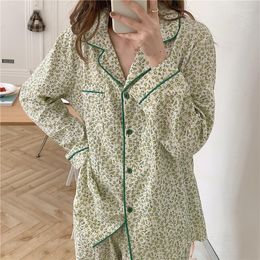 Women's Sleepwear Spring Autumn Women Long Sleeved Chic Pure Cotton Pyjamas Set Fashion Floral Print Home Pjs Pyjamas Loose Female L190