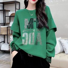 Womens Hoodies Sweatshirts Fashion Pullovers Women Spring Autumn Trendy Ruffled Longsleeved Personality Loose Diamondstudded Oneck Pullover 230224