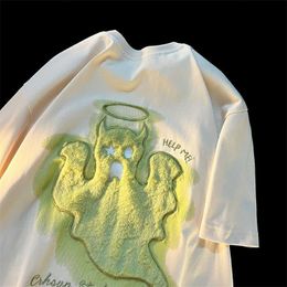 Womens TShirt Funny ghost cartoon flocking embroidery Oneck Tshirts women springsummer fashion trend design sense niche y2k tops 230224