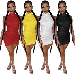 2023 Designer Sexy Leather Dresses Summer Clothes Women Backless PU Bodycon Dress Female Sleeveless Split Mini Dress Night Club Party Wear Wholesale items 9327