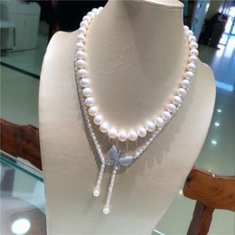 Chains Hand Knotted Natural 2rows White Freshwater Pearl Butterfly Accessories Necklace Fashion Jewellery