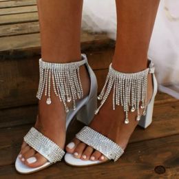 Rhinestones Tassel Chunky Heel Wedding Shoes Women White High Heels Straps Open Toe Sparkle Crystals Prom Party Occasion Pumps Sandals 3inch