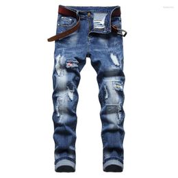 Men's Jeans Mens Holes Ripped Patchwork Blue Denim Slim Straight Pants Stretch Trousers Casual Fashion Style Drak22