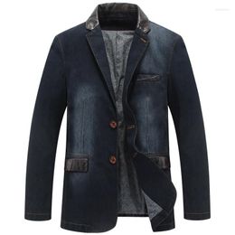 Men's Suits LUCLESAM Autumn Men's Denim Jacket Paneled Leather Collar Korean Version Male Youth Slim-Fit Suit Casual Trendy Blazer