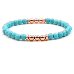 Strand Rose Gold Color Small Round Alloy Beads Connect Green Turquoises Stone Elastic Bracelet Fashion Jewelry Beaded Strands