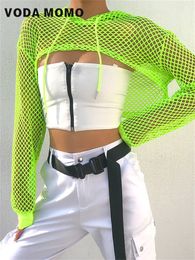 Women's Two Piece Pants Spring Streetwear Hollow Out Sexy Cropped Shirt Neon Mesh Fishnet Top Women TshirtPerspective Long Sleeve Tshirts 230224