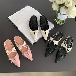 Slippers Summer Women Pointed Toe Dress Shoes Flat Heeled Bow Design Pink White Black Beach Fashion Party Slides Mules 230224