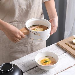 Bowls Japanese Style Phnom Penh Colour Glaze Wood Handle With Lid Ceramic Cup Bowl Set Korean Creative Kitchen Household Tableware