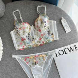Women's embroidery flowers padded wireless push up gauze bra set SMLXL