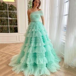 Party Dresses UZN Formal A-Line Prom One Shoulder Tulle Princess Evening Light Green Floor Length Saudi Arabia Gown Plus Size 230224