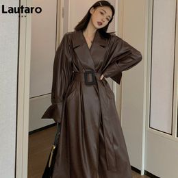 Womens Jackets Lautaro Autumn Long Oversized Brown Faux Leather Trench Coat for Women Belt Runway Stylish Loose European Style Fashion 230224