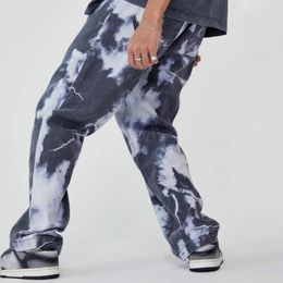 Men's Jeans Men Tie Dye Print Wide Leg Denim Trousers Hip Hop Zipper Closure Long Pants Mid Waist Pockets For Daily Wear