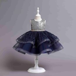 Girl's Dresses New Summer Pearls Sashes Kids Girls Party Dresses Sequined Princess Dress Tulle Layers Dot Print Children Clothes 7 8 10 Years W0224