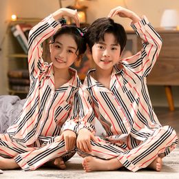 Pyjamas Kids Homewear Silk Children Set Night Clothes Satin Unisex Boys Casual Sleep Loungewear 3 12Yrs Stripe Pyjamas 230224