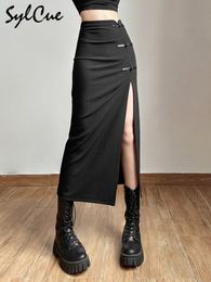 Skirts Sylcue Black Sexy Split Simple Casual All-Match Street Outing Cool Mature Vitality Personality Trend Basic Women'S Skirt 230223